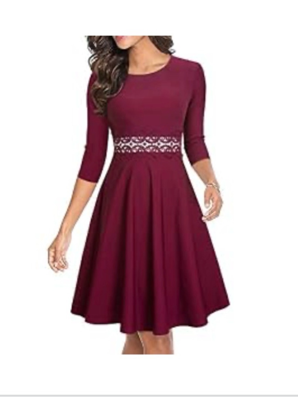 Elegant Burgundy Midi Dress with Lace Waist Detail